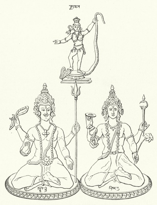 Shiva, Vishnu und Krishna, hinduistische Götter (Gravur) von German School