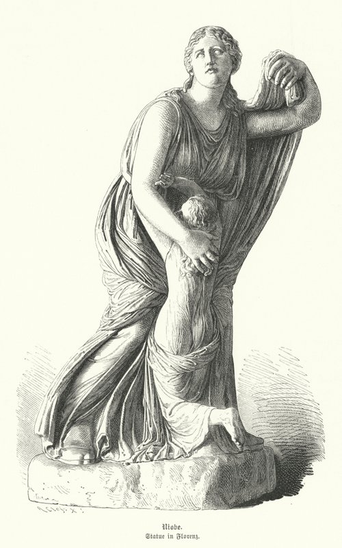 Statue von Niobe, die eines ihrer Kinder vor Artemis und Apollo schützt von German School
