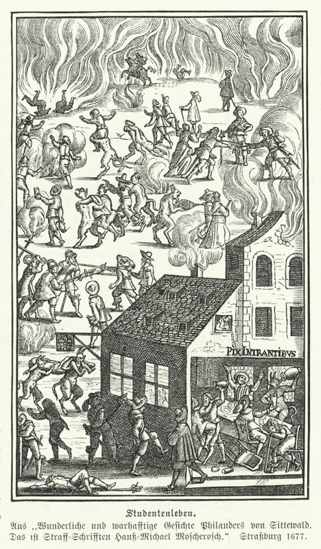 Studentenleben: Szene aus Gesichte Philanders von Sittewald, von Johann Michael Moscherosch (Gravur) von German School