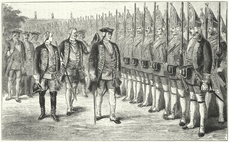 Die Potsdamer Riesengarde, Infanterieregiment von überdurchschnittlich großen Soldaten in der Armee von Friedrich Wilhelm I. von Preußen, 18. Jahrhundert von German School