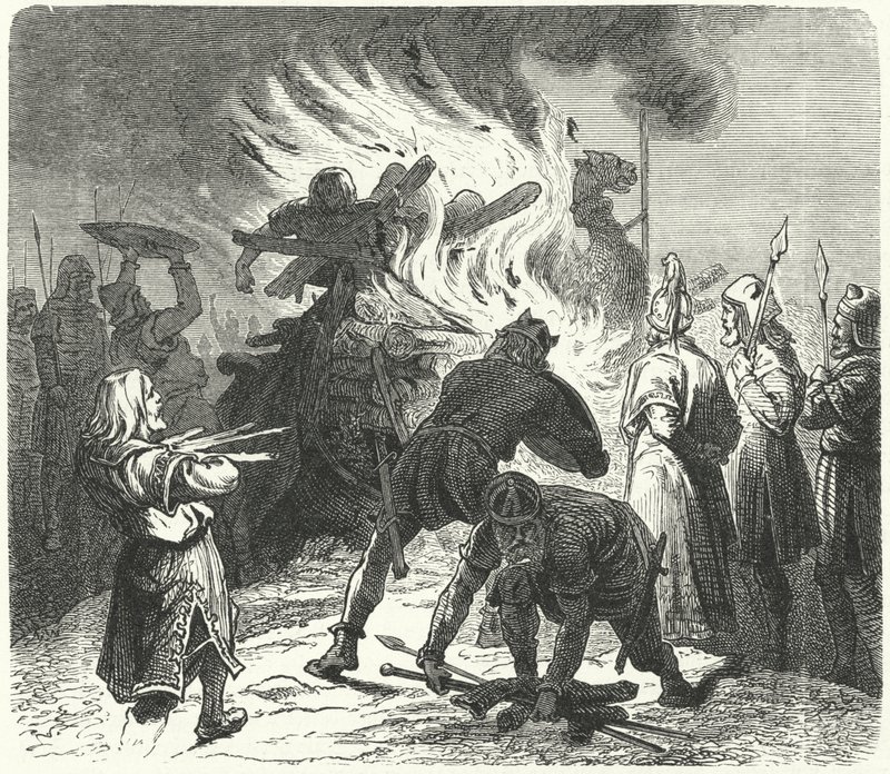 Der legendäre schwedische König Sigurd Hring verbrennt den Leichnam von Harald Wartooth nach der Schlacht von Bravellir (Gravur) von German School