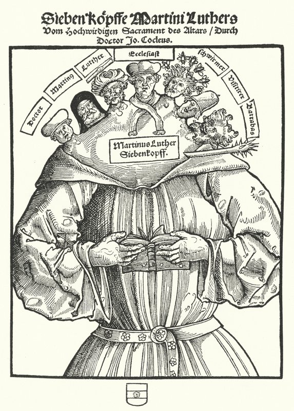Titelseite des Pamphlets Die sieben Köpfe Martin Luthers von Johannes Cochlaeus von German School