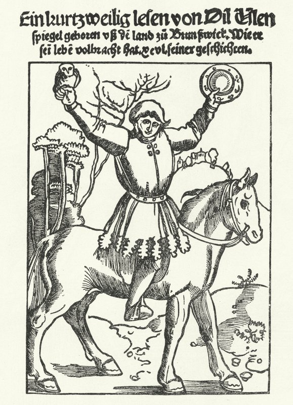 Till Eulenspiegel mit Eule und Spiegel (Stich) von German School