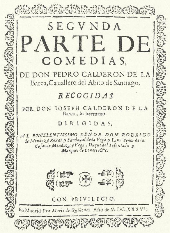Titelseite des zweiten von vier Bänden der Comedias von Calderon, veröffentlicht 1637 von German School