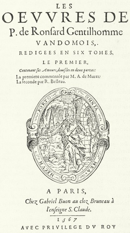 Titelseite des ersten Bandes der seltenen und sehr beliebten zweiten Ausgabe der Werke von Pierre de Ronsard, veröffentlicht in sechs Bänden vom Dichter selbst (Stich) von German School