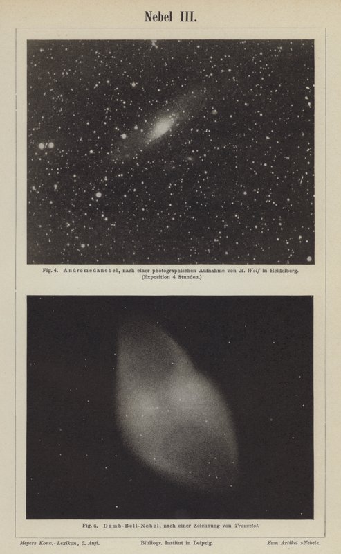 Ansichten des Andromedanebels und des Hantelnebels (Stich) von German School