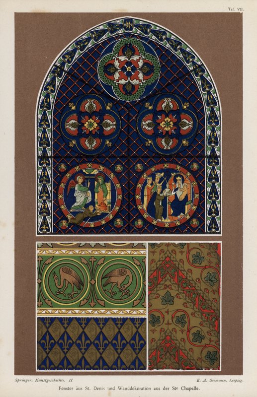 Fenster aus der Basilika von St. Denis und Wanddekoration aus der Sainte-Chapelle, Paris, Frankreich von German School