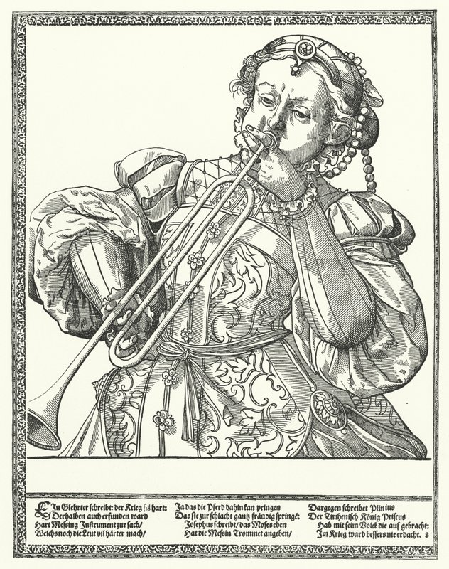 Frau, die eine Posaune oder Sackbut spielt von German School