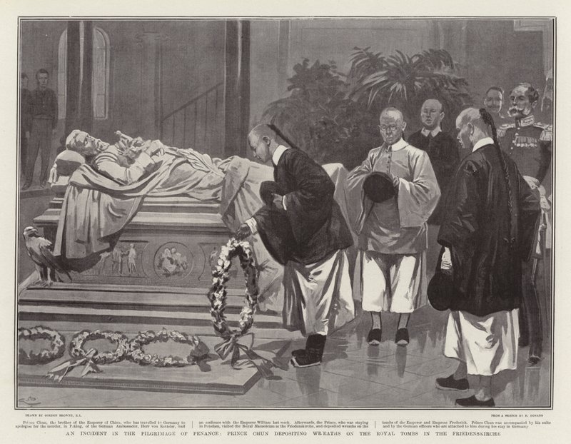 Ein Vorfall auf der Pilgerreise der Buße; Prinz Chun legt Kränze auf die königlichen Gräber in der Friedenskirche nieder von Gordon Frederick Browne