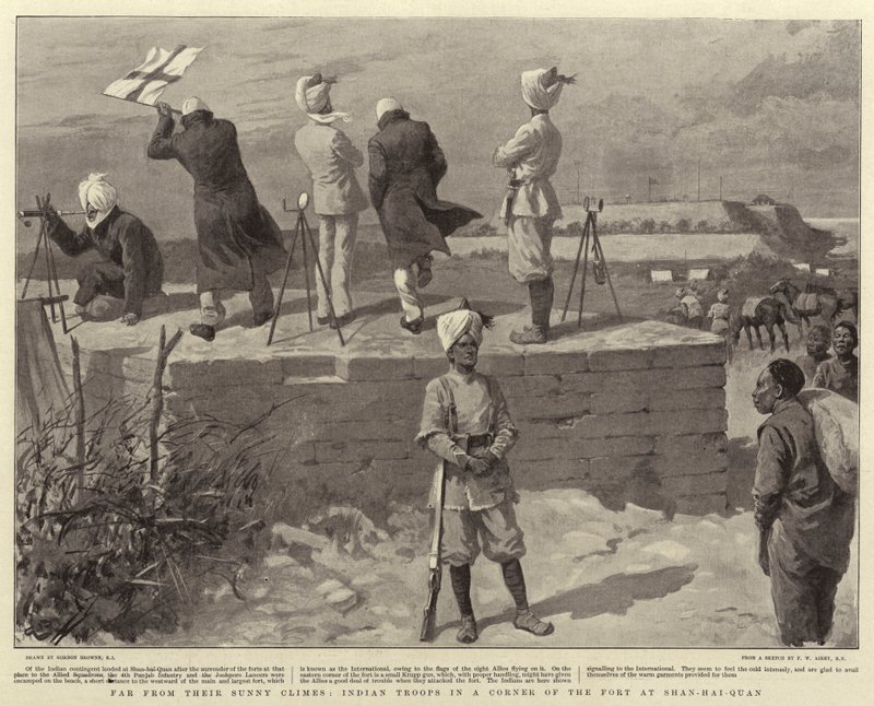 Weit weg von ihren sonnigen Klimazonen, indische Truppen in einer Ecke des Forts in Shan-Hai-Quan von Gordon Frederick Browne