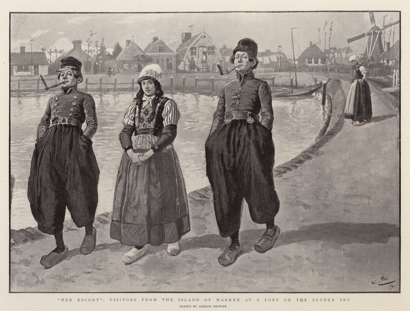 Ihre Eskorte, Besucher von der Insel Marken an einem Hafen am Zuyder Zee von Gordon Frederick Browne