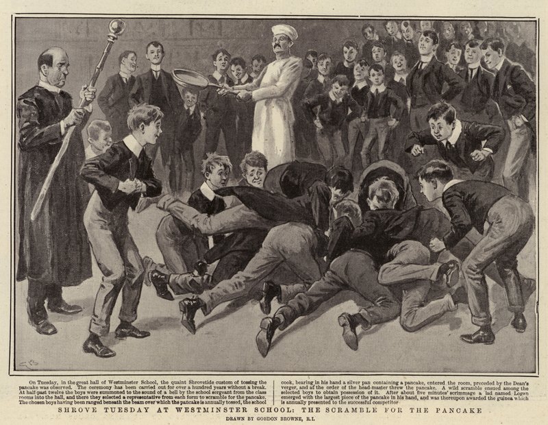 Fastnachtsdienstag an der Westminster School, das Gerangel um den Pfannkuchen von Gordon Frederick Browne