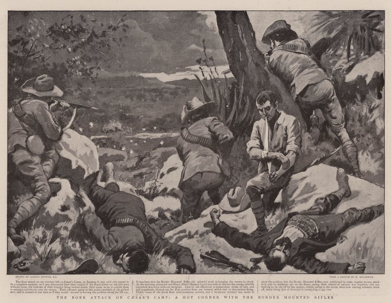 Der Burenangriff auf Caesars Lager, eine heiße Ecke mit den Border Mounted Rifles von Gordon Frederick Browne