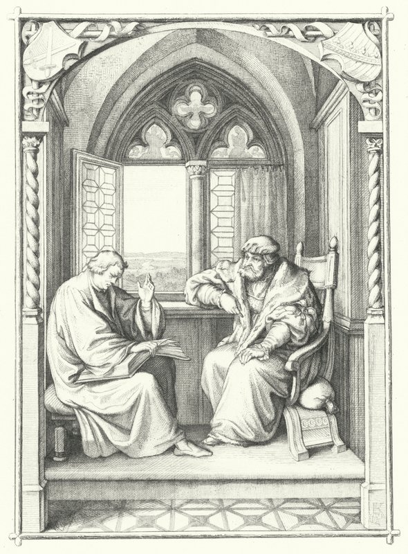 Martin Luther liest aus der Bibel für Johann, Kurfürst von Sachsen (Stich) von Gustav Ferdinand Leopold Konig