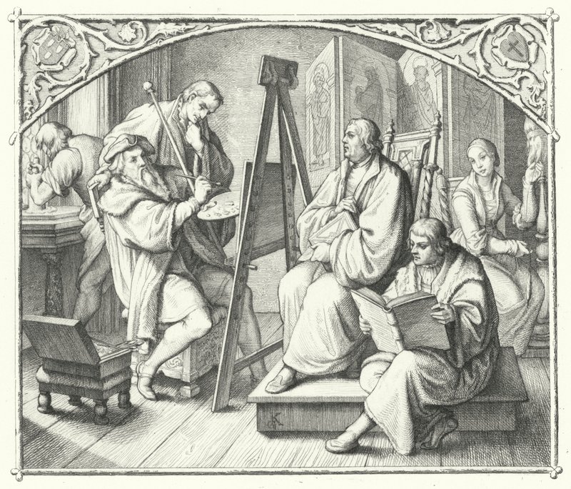 Martin Luther sitzt für ein Gemälde von Lucas Cranach dem Älteren (Gravur) von Gustav Ferdinand Leopold Konig