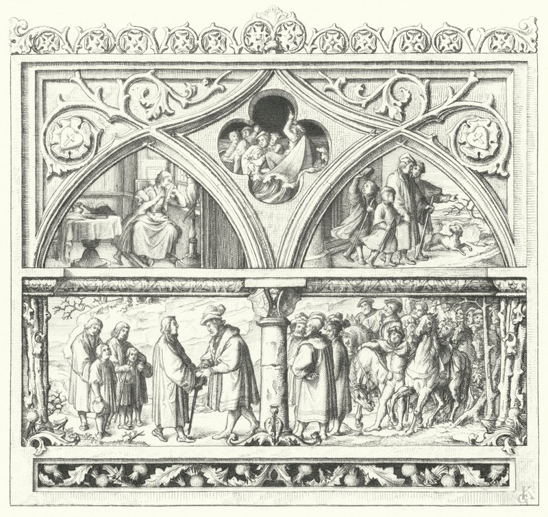 Martin Luthers Abschied von seiner Familie, als er seine letzte Reise nach Mansfeld antritt, sein Leben auf der Straße und sein Empfang durch die Grafen von Mansfeld (Stich) von Gustav Ferdinand Leopold Konig