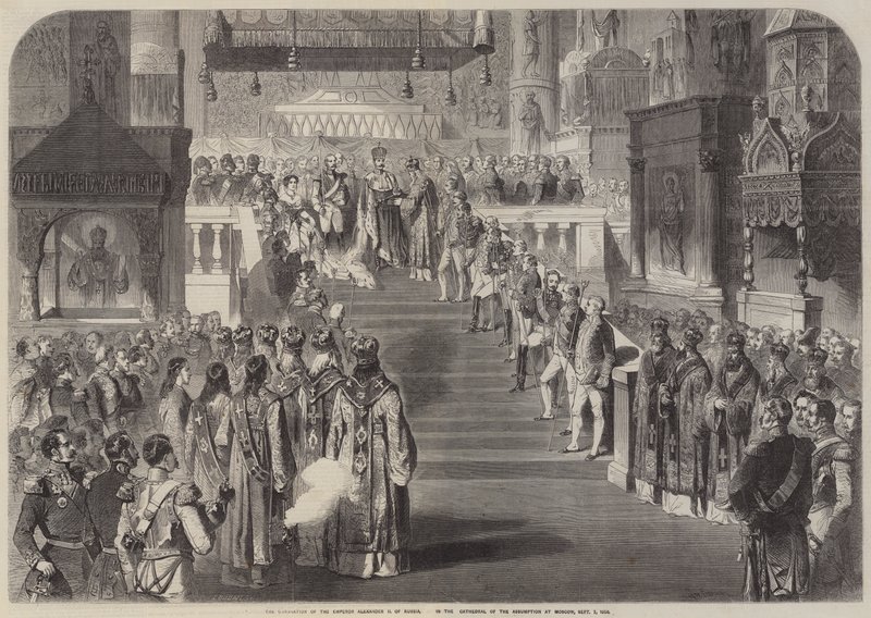 Die Krönung des Kaisers Alexander II. von Russland in der Mariä-Entschlafens-Kathedrale von Gustave Janet