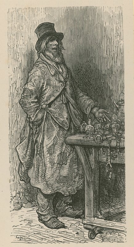 Ein Mann verkauft seine Waren von einem Marktstand von Gustave Dore