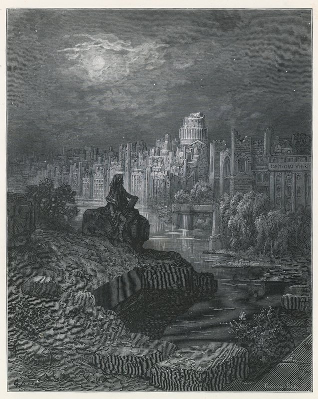 Ein Reisender aus Neuseeland betrachtet die Ruinen von London von Gustave Dore