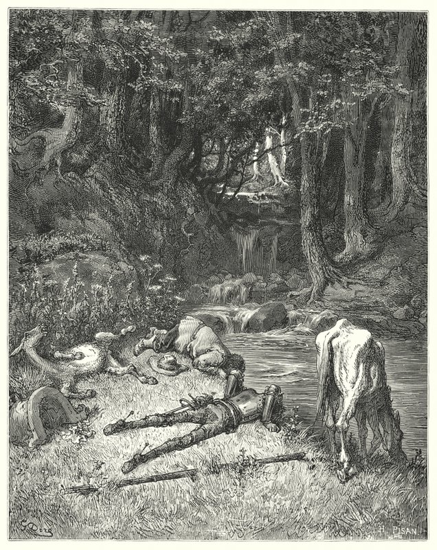 Gustave Dorés Don Quixote: "Eine Wiese, die von einem Bach bewässert wurde, lud sie ein, abzusteigen" von Gustave Dore