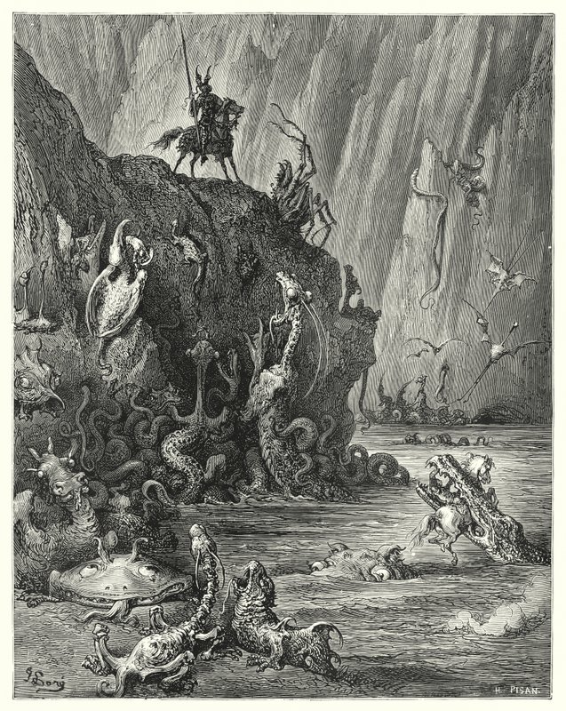 Gustave Dorés Don Quixote: "Ein riesiger See aus kochendem Pech, in dem eine unendliche Menge wilder und schrecklicher Kreaturen hin und her ziehen" von Gustave Dore