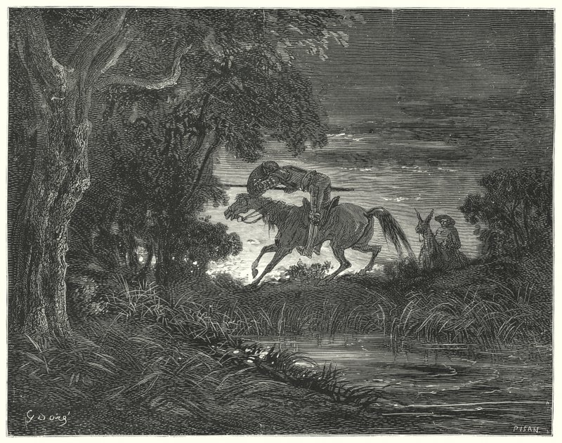 Gustave Dorés Don Quixote: "Don Quixote, begleitet von seinem unerschrockenen Herzen, sprang auf Rozinante" von Gustave Dore