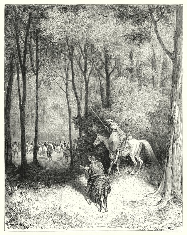 Gustave Dorés Don Quixote: "Don Quixote erblickte eine Gesellschaft, die er bei näherer Betrachtung für Personen von Rang hielt" von Gustave Dore