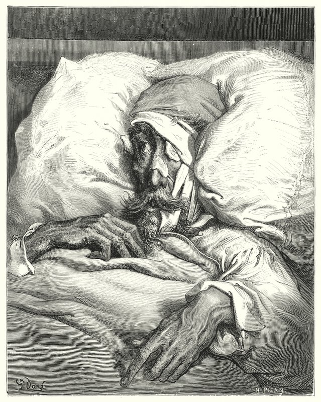 Gustave Dorés Don Quixote: "Don Quixote, so unglücklich verletzt, war äußerst mürrisch und melancholisch" (Stich) von Gustave Dore