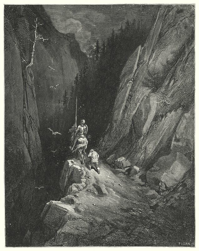 Gustave Dorés Don Quixote: "Don Quixote war vor Freude außer sich, sich an einem Ort zu befinden, wo er seine Ambitionen mit der Hoffnung auf neue Abenteuer schmeicheln konnte" von Gustave Dore