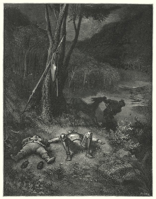Gustave Dorés Don Quixote: "Gines, der weder Dankbarkeit noch Menschlichkeit kannte, beschloss, mit Sanchos Esel wegzureiten" von Gustave Dore