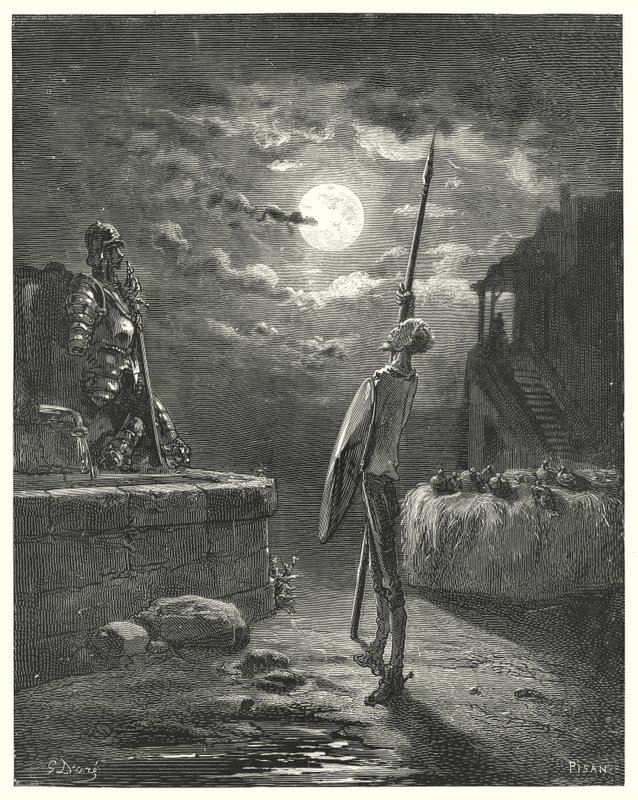 Gustave Dorés Don Quixote: "Er begann, mit anmutiger Haltung am Pferdetrog entlangzugehen" von Gustave Dore