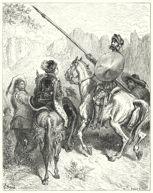 Gustave Dorés Don Quixote: "Nun, Dame," sagte Don Quixote, "lassen Sie mich Ihre Größe bitten, mir zu sagen, welchen Weg wir gehen müssen, um Ihnen zu dienen" (Stich) von Gustave Dore