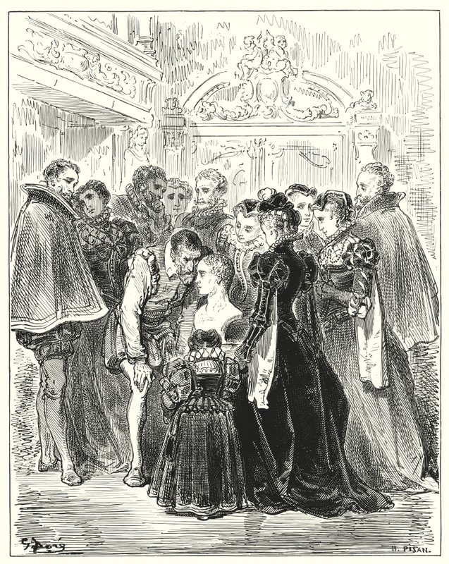 Don Quijote: "Sag mir, du Orakel", sagte er, "war das, was ich von meinen Abenteuern in der Höhle von Montesinos berichtete, ein Traum oder Wirklichkeit?" (Gravur) von Gustave Dore