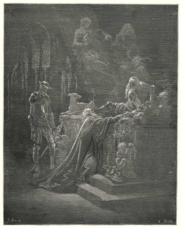 Der ehrwürdige Montesinos fiel vor dem betrübten Ritter auf die Knie (Illustration von Don Quixote) von Gustave Dore