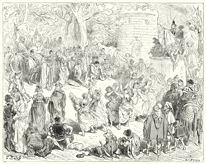 Don Quijote: "Sie wurden von einem ehrwürdigen alten Mann und einer matronenhaften Frau geführt" (Gravur) von Gustave Dore