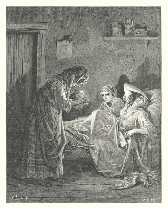 Die Fabeln von La Fontaine: Die alte Frau und ihre Dienerinnen von Gustave Dore