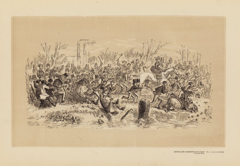 Oxford und Cambridge Bootsrennen, Nr. 4, Ein Lauf auf den Ufern während des Rennens (Gravur) von Hablot Knight (1815 92) Browne