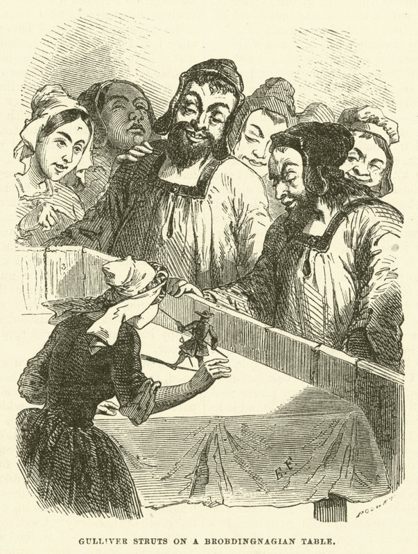 Gulliver stolziert auf einem Brobdingnagian-Tisch (Gravur) von after Hablot Knight Browne