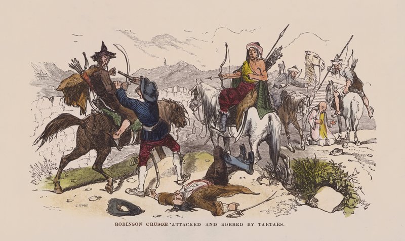 Robinson Crusoe wird von Tataren angegriffen und ausgeraubt von after Hablot Knight Browne
