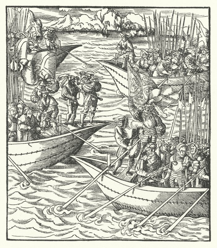 Schiffe mit deutschen und französischen Soldaten vor Livorno, Italien von Hans (after) Burgkmair