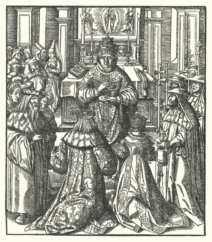 Der Heilige Römische Kaiser Friedrich III. und die Kaiserin Eleonore empfangen die Heilige Kommunion vom Papst von Hans (after) Burgkmair