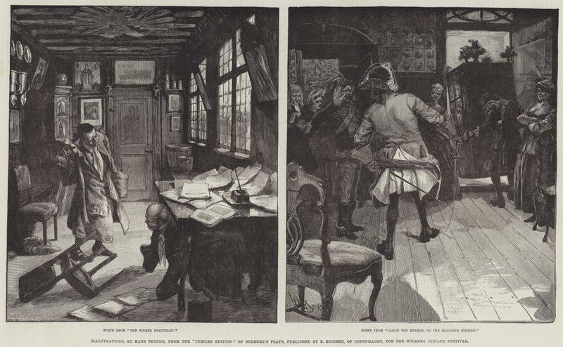 Illustrationen, aus der Jubiläumsausgabe von Holbergs Stücken, herausgegeben von E Bojesen, Kopenhagen, für das Holberg-Jubiläumsfest von Hans Tegner