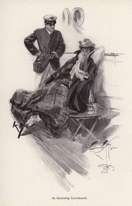 Kapitän an Bord eines Schiffes spricht mit einer genesenden Frau von Harrison Fisher