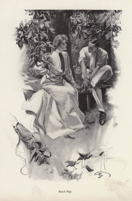 Romantisches Paar macht eine Pause von ihrem Golfspiel (Lithografie) von Harrison Fisher