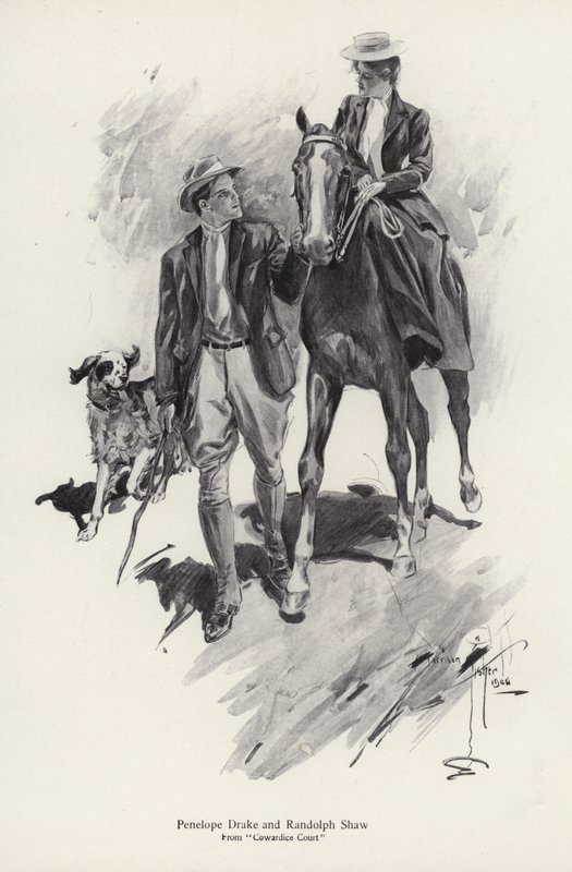 Zwei Charaktere, Penelope Drake und Randolph Shaw aus dem Roman Cowardice Court von George Barr McCutcheon (Lithografie) von Harrison Fisher