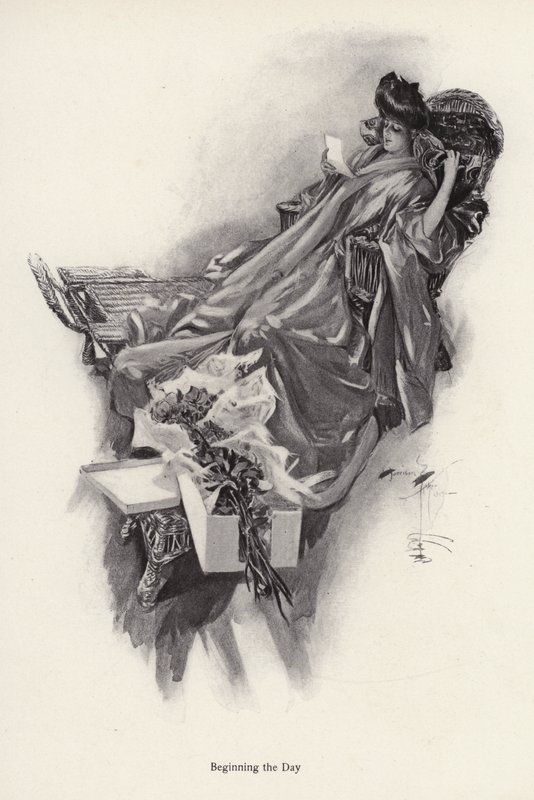Frau erhält einen Blumenstrauß von einem Verehrer von Harrison Fisher