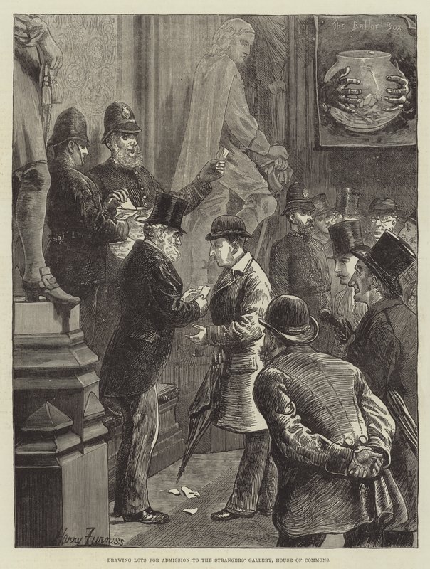 Auslosung für den Eintritt in die Fremdengalerie, House of Commons von Harry Furniss