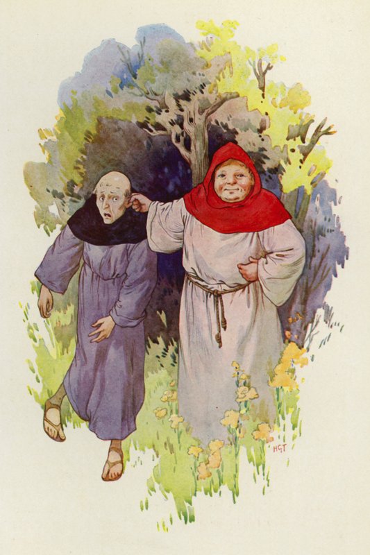 Bruder Tuck führte einen mager aussehenden, elenden Mönch am Ohr von Harry George Theaker