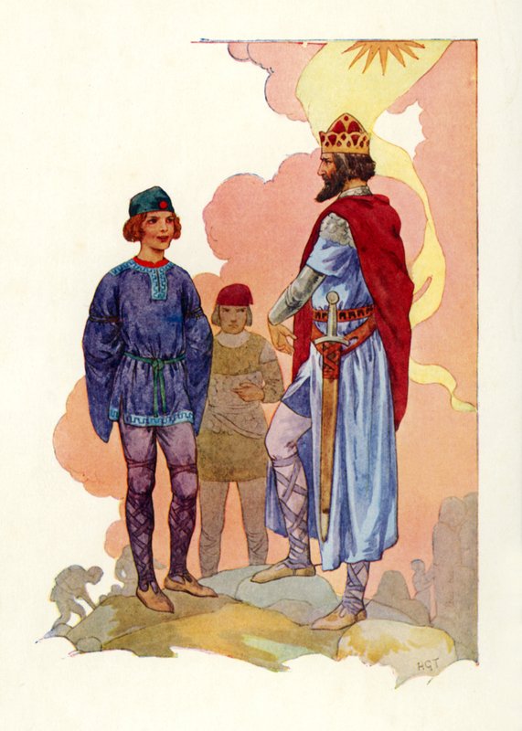 Merlin vor den König geführt von Harry George Theaker