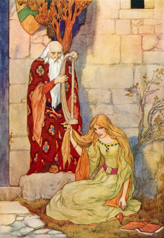 Merlin spielt seine Harfe mit der Fee Nimue von Harry George Theaker
